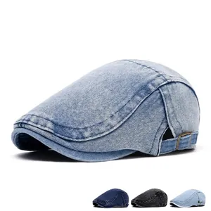 Vintage Washed Denim Newsboy Cap Adjustable Flat Hat For Men Women Casual British Style Sun Protection Ivy Cap