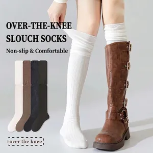 Women Over The Knee Long Slouch Socks Ribbed Knit Solid Color Cotton Blend Elastic Breathable Preppy Style Stockings