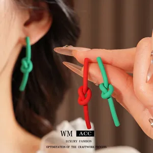 Minimalist matte knot stud earrings in red and green colors for women