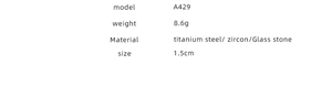 Detailed specifications of titanium steel ring featuring zircon and glass stone, weight 8.6g
