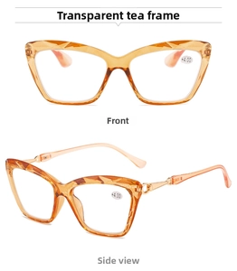 Detaillierte Vorder- und Seitenansicht der Katzenaugen-Lesebrille mit Teerahmen