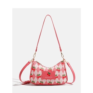 Sac À Épaule En Cuir Pu Rose Imprimé Cerise Motif Losanges Style Doux Mode Sac À Main Pour Femmes