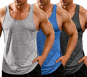 Three men's quick-dry gym tank tops in light grey, royal blue, and dark grey textures