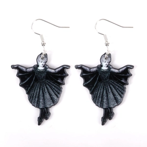 Halloween black bat lady acrylic earrings in vintage style on a clean white background
