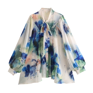Γυναικεία Σιφόν Μπλούζα Tie Dye Αφηρημένο Σχέδιο Με Φιόγκο Στον Λαιμό Μακριά Μανίκια Φανάρι Χαλαρή Εφαρμογή Τοπ