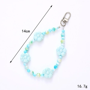 Blue acrylic beaded flower charm for phone or keys with lobster clasp, length 14cm