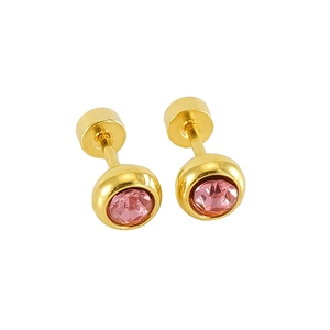Detail of pink crystal gold stud earrings with secure screw back closure design