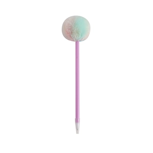 Detail of creative purple ballpoint pen with soft gradient faux fur pompom for students