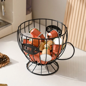 Modern black metal coffee pod holder in cup shape with elegant hollow COFFEE lettering