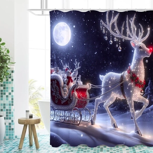 Detailed Christmas shower curtain featuring reindeer sleigh scene in a modern bathroom