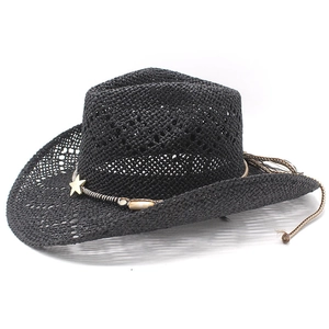 Close-up of black straw cowboy hat with cutout vents and star beaded leather band
