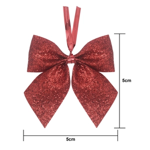 Detail view of 5cm red glitter Christmas bow with ribbon hanger and size dimension