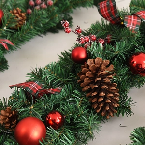 2.7m Christmas garland with artificial pine, red balls and plaid bows decoration