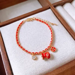 Red Braided Rope Bracelet 18K Gold Plated Copper Zircon Lucky Bag Coin Pendants New Chinese Style Adjustable For Women