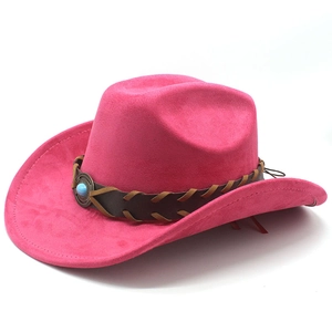 Detail of hot pink suede cowboy hat with braided leather band and turquoise stone