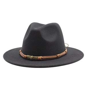 Classic black wool fedora hat with brown braided band and bronze skull metal accent
