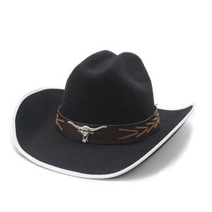 Classic black wool felt cowboy hat featuring white trim and silver bull head leather band