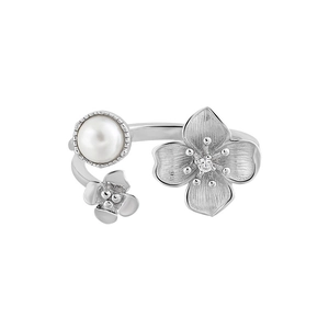 S925 sterling silver open ring featuring a lustrous pearl and zircon floral design