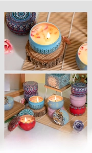 Macro detail of scented candle with dried petals in a bohemian tin box container