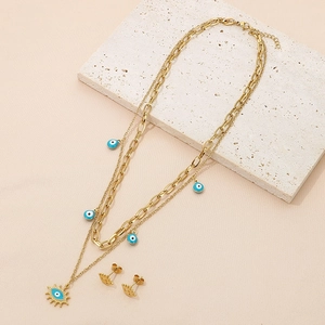 Détails de la parure de bijoux œil protecteur avec collier double et boucles d'oreilles