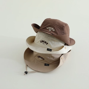 Kids Bucket Hat Cotton Polyester Sun Protection Outdoor Fisherman Cap With Adjustable Wind Cord Lucky Smile Embroidery