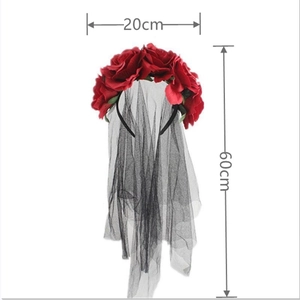 Gothic red rose headband with black mesh veil for Halloween party, 20x60cm size