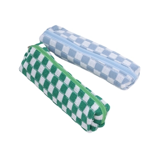 Knitted checkerboard pencil cases in green and blue colors with secure zippers