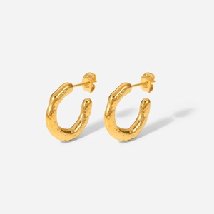 18K gold plated stainless steel C-shaped earrings with irregular lava texture finish