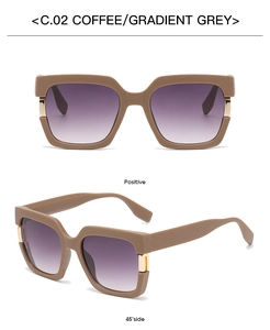 Detail of square matte coffee sunglasses with gradient grey lenses and gold accents