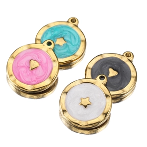 Stainless steel round enamel charms with gold star and triangle patterns for DIY jewelry