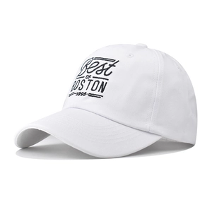 White cotton Boston baseball cap with retro 1998 black embroidery in a 45-degree side view