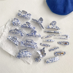 Acetate Blue And White Marble Hair Clip Claw Elegant Porcelain Pattern Shark Duckbill Clip For Women Hair Accessory