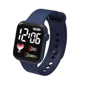 Detail view of square blue LED watch showing heart rate and fitness tracking data