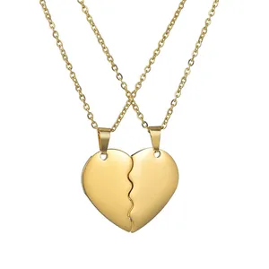 Polished titanium steel gold heart puzzle pendant necklace set for couples and friends