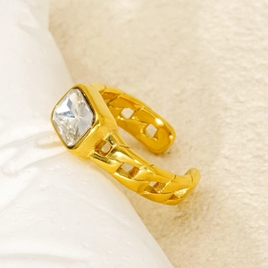 Golden cuban chain ring featuring a large square zircon stone with adjustable open band
