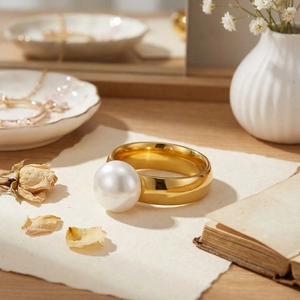 Minimalist gold stainless steel ring featuring a large white pearl in warm lighting