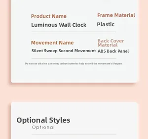 Luminous wall clock details showing silent movement and ABS backplate technical specifications