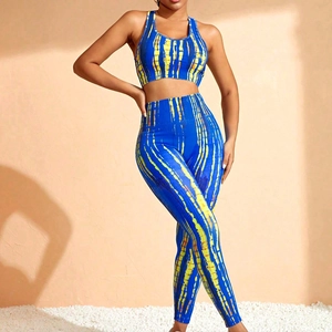 Seamless blue and yellow tie-dye yoga set with sports bra and high waist leggings