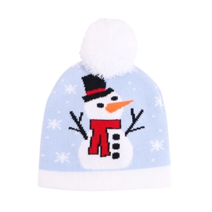 Blue winter knitted hat with snowman pattern and white pompom for kids and adults
