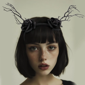 Gothic black rose headband with dry wood branch detail for Halloween party cosplay decor