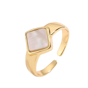 Adjustable gold plated open ring featuring a square white mother of pearl inlay