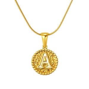 Gold plated stainless steel necklace with round textured pendant featuring a white letter A