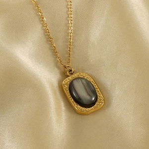 Retro Pendant Necklace 18K Gold Plated Stainless Steel Natural Tiger Eye Stone Rectangular Geometric Jewelry For Women