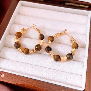 Tiger's Eye Beaded Hoop Earrings With 925 Sterling Silver Earring Post 18K Gold Plated Retro Vintage Style For Women