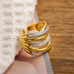 18K gold plated geometric wide band ring with multi-layer zircon crystals and open design