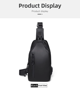 Front view of black waterproof oxford chest bag with USB charging port and earphone hole