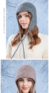 Winter knitted earflap hats in grey and lotus pink with windproof chin straps