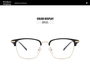 Detailed view of retro semi-rimless glasses featuring a classic black and gold frame design