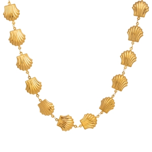 Close-up of golden stainless steel necklace with delicate shell shaped charms