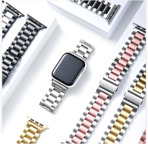 Three-bead stainless steel watch bands in silver, black, and two-tone finishes for smartwatches